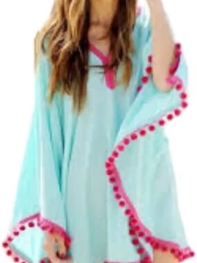 Aqua Blue Women's Swim Cover-Up Poncho with Pink Pom Pom Trim OS
